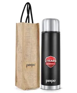 PEXPO Thermosteel Flip Lid Flask Flamingo, 1000 ml, Knight Black | Stainless Steel Bottle With Jute Bag | Leak Proof | Travelling | School & Trekking | Office | Men, Women & Kids
