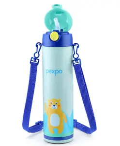 Pexpo Pixy 470 ml Cute Design |Hot & Cold Thermoflask - 470ml, Bear Print|Stainless Steel Water Bottle for Kids & Adults|Vacuum Insulated|Portable Handle|Double Wall