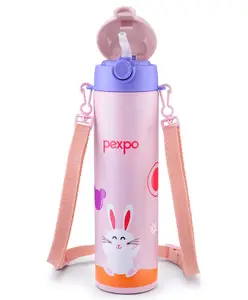 Pexpo Pixy Cute Design |Hot & Cold Thermoflask - 470 ml, Rabbit Print|Stainless Steel Water Bottle for Kids & Adults|Vacuum Insulated|Portable Handle|Double Wall