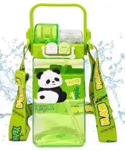 FunBlast Cute Animal Design Dual Cap Water Bottle with Straw, Strap & Carry Handle - Green - 500 ml