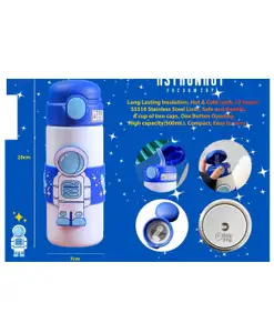 SANJARY Astronaut Theme Hot and Cold Water Bottle for Kids Double Walled Vacuum Insulated Stainless Steel bottle 500 ml color design may vary