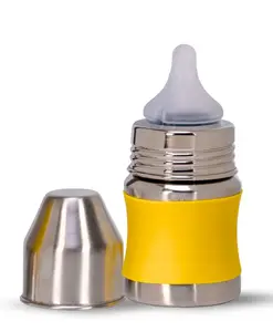 Adore Koh Stainless Steel 2 Stage Wide Neck Feeding Bottle with Silicon Sleeve- Yellow 150ml