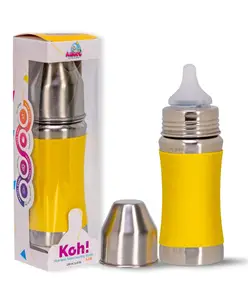 Adore Koh Stainless Steel 2 Stage Wide Neck Feeding Bottle with Silicon Sleeve- Yellow 250ml