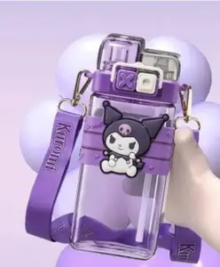 New Pinch Kid's Cartoon Water Bottle with Adjustable Strap Cute Double Drinking Straw Cup | Leak-Proof, Portable Tumbler 500 ml Perfect for School & Outdoor Fun color design may vary