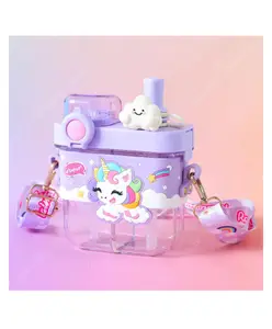 Elecart Dual Compartment Water Bottle for Kids 580ml BPA-Free Sipper with 3D Cloud Cap & Strap | Leak-Proof, Lightweight & Travel-Friendly Bottle for School, Outdoor Use (Unicorn Theme)