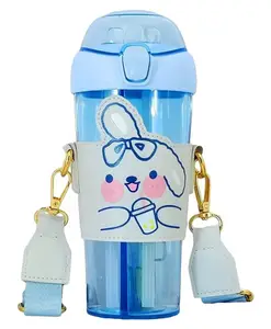 SANJARY Sipper 2 in 1 Water Bottle, Tumbler with Straw and Sipper with Adjustable Strap, Anti-Leak Cartoon Printed for Kids 530 ml color design may vary