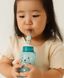 SANJARY Bpa Free Plastic Teddy Shaped Water Bottle with Straw 430 ml color may vary