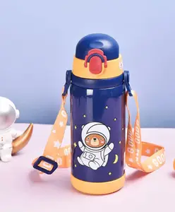 SANJARY Double Walled Insulated Stainless Steel Bottle Dual Cap Bottle with neck strap for kids 450 ml color design may vary