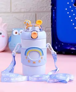 SANJARY Stainless Steel Push Botton Sipper Water bottle with straw and strap 360 ml for kids color design may vary