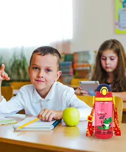 SANJARY Dino Water Bottle with Straw & Sipper Antileak Water Bottle for Kids with Strap 600 ml color design may vary