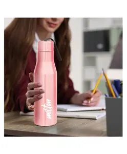 Milton Super 1000 Stainless Steel Water Bottle 1 ltr, Single Walled, Leak Proof Lid, Rust Proof ,For School, Office, Gym, Light Pink
