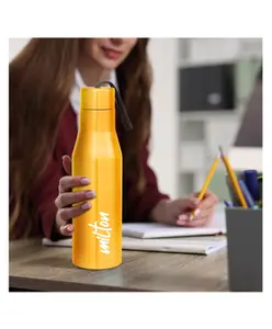 Milton Super 1000 Stainless Steel Water Bottle 1 ltr, Single Walled, Leak Proof Lid, Rust Proof, For School, Office, Gym, Yellow