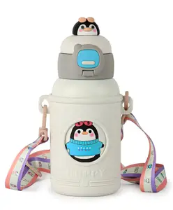 SCHOOLISH Cute Insulated Water Bottle with Straw Strap Kids,Metal Cups for Hot and Cold Drinks,BPA Free Thermoses Leak-proof Flask for Boys and Girls School Indoor Outdoor Sports - 500 ml - PACK OF 1