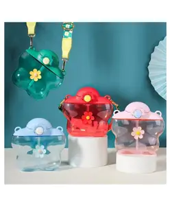 Sanjary Flower Sipper Bottle With Strap 400ml for Kids Color Design May Vary