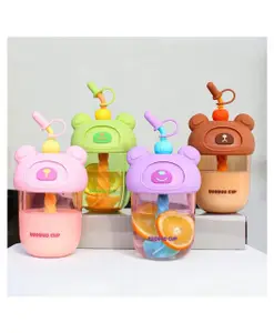 Sanjary Teddy Design Water Bottle With Stirer Straw Sipper 600ml Kids Safe, Bpa Free Color Design May Vary