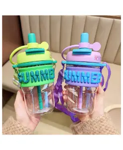 Sanjary Summer 2in1 Plastic Bpa Free Water Bottles with Straw 500ml Kids Baby Students Back to School Cup Water Bottle color design may vary