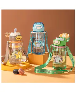 Sanjary Cartoon Kids Student Plastic Straw Cup with Strap 680ml Water Bottle Kids Drinking Cups with Straw colordesign may vary