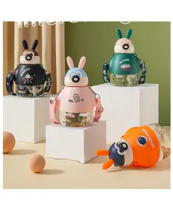 Sanjary Rabbit Cartoon Plastic Water Bottle 900ml Outdoor Kids Back to School Water Bottles Cup With Straw Strap Color Design May Vary