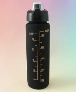 Fab N Funky BPA-Free Straw Water Bottle 1000 ml - Black| Leak-Resistant| Flip Lid Drinking Bottle with Measurement Markings for Gym, School & Travel