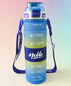 Fab N Funky BPA-Free Straw Water Bottle with Time Markings 1000 ml - Blue| Leak-Resistant| Flip Lid Drinking| Bottle with Adjustable Sling for School Going Boys & Girls