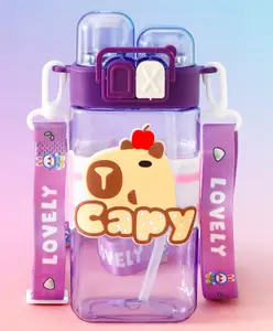 Fab N Funky Capybara Dual Sipper Water Bottle 550ml - Purple| BPA Free| Leak Resistant & Freezer Safe| Straw Sipper for School Going Boys & Girls