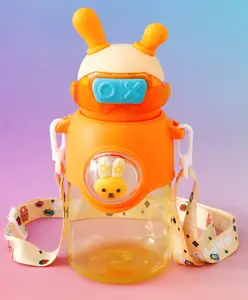 Fab N Funky Bunny Character Kids Water Bottle 650 ml - Orange| BPA Free & Freezer Safe| Straw Bottle with Leak-Resistant Lid & Sling Strap| School Sipper for Boys & Girls