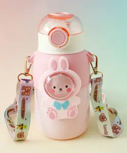 Fab N Funky Kitty Kids Straw Water Bottle 650ml - Pink| Leak-Resistant| Flip-Top Drinking Bottle with Strap for School, Travel & Outdoor Use| Sipper for School Going Boys & Girls