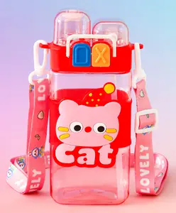 Fab N Funky Cat Dual Sipper Water Bottle 550ml - Pink| BPA Free| Leak Resistant & Freezer Safe| Straw Sipper for School Going Boys & Girls