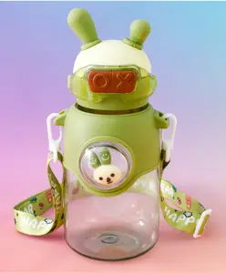 Fab N Funky Bunny Character Kids Water Bottle 650 ml - Green| BPA Free & Freezer Safe| Straw Bottle with Leak-Resistant Lid & Sling Strap| School Sipper for Boys & Girls