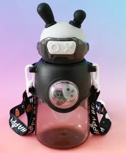 Fab N Funky Bunny Character Kids Water Bottle 650 ml - Black| BPA Free & Freezer Safe| Straw Bottle with Leak-Resistant Lid & Sling Strap| School Sipper for Boys & Girls