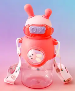 Fab N Funky Bunny Character Kids Water Bottle 650 ml - Pink| BPA Free & Freezer Safe| Straw Bottle with Leak-Resistant Lid & Sling Strap| School Sipper for Boys & Girls