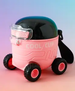 Fab N Funky Cool Cup Trolley shape Straw Water Bottle 550ML - Pink| BPA Free| Leak Resistant & Freezer Safe| Sipper for School Going Boys & Girls