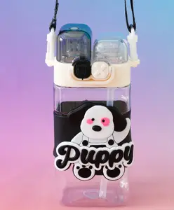 Fab N Funky Puppy Dual Straw Sipper Bottle 550ml - Black| BPA Free| Leak-Resistant & Freezer Safe| Ideal for School, Home & Travel| for School Going Boys & Girls