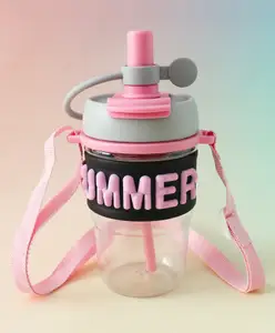 Fab N Funky Kids Straw Water bottle with Strap 500 ml - Pink| BPA Free| Leak Resistant & Freezer Safe| School Sipper Bottle for Boys & Girls