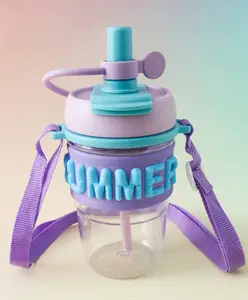 Fab N Funky Kids Straw Water bottle with Strap 500 ml - Purple| BPA Free| Leak Resistant & Freezer Safe| School Sipper Bottle for Boys & Girls