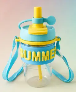 Fab N Funky Kids Straw Water bottle with Strap 500 ml - Blue| BPA Free| Leak Resistant & Freezer Safe| School Sipper Bottle for Boys & Girls