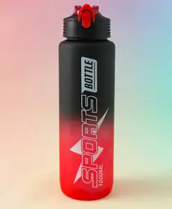 Fab N Funky Sports Sipper Bottle 1000ML - Black Red| BPA Free| Leak Resistant & Freezer Safe| Straw Water Bottle for School going Boys & Girls