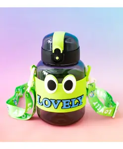 Fab N Funky Cute Cartoon Kids Water Bottle 650 ml with Straw - Black Green| Leak-Resistant| Flip-Top Sipper Bottle with Strap| for School, Travel & Outdoor Use