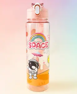 Fab N Funky Little Astronaut Straw Sipper Water Bottle 800ML - Pink| BPA Free| Leak Resistant & Freezer Safe| Water Bottle for School Going Boys & Girls
