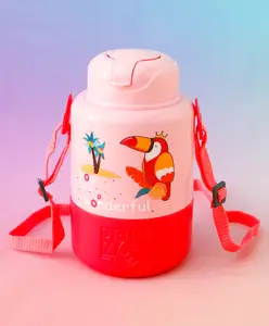 Fab N Funky Bird Straw Sipper Bottle 1000 ml with Strap - Pink| BPA Free| Ideal for School, Home & Travel|Freezer Safe| Lightweight & Leak Resistant| Boys & Girls