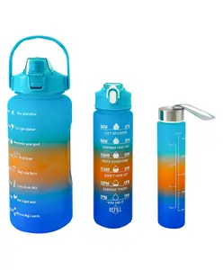 Fab N Funky Sports Straw Sipper Bottle 3Pcs 2000ml,750ml,250ml - Dark Blue & Blue| BPA Free| Leak-Resistant & Freezer Safe| Ideal for School, Home & Travel