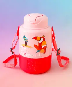 Fab N Funky Bird Straw Sipper Bottle 1000 ml with Strap- Pink| BPA Free| Ideal for School, Home & Travel| Lightweight & Leak Resistant, Freezer safe| For Boys & Girls