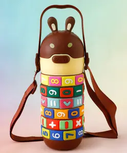 Fab N Funky Bunny Lid Number Puzzle Straw Sipper Bottle for Kids - 520 ml - Brown| Leak Resistant & BPA Free| Freezer Safe School Straw Water Bottle for Boys & Girls