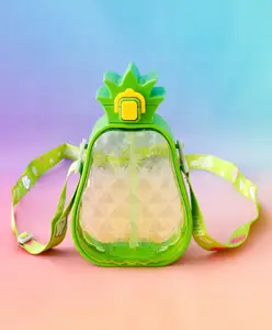Fab N Funky Pineapple Design Kids Straw Water Bottle 600 ml - Green| Leak-Resistant BPA Free Freezer Safe Sipper Bottle with Adjustable Strap| Sipper Bottle for School, Picnic & Travel for Boys & Girls
