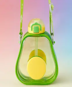 Fab N Funky Avocado Design Kids Straw Water Bottle 600 ml -Green| Leak-Resistant BPA Free Freezer Safe Sipper Bottle with Adjustable Strap| Sipper Bottle for School, Picnic & Travel for Boys & Girls