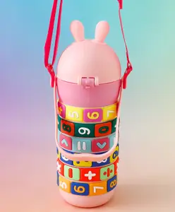 Fab N Funky Bunny Lid Number Puzzle Straw Sipper Bottle for Kids - 520 ml - Pink| Leak Resistant & BPA Free| Freezer Safe School Straw Water Bottle for Boys & Girls