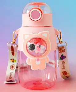 Fab N Funky Astronaut Kids Straw Water Bottle 650 ml Pink| Leak-Resistant BPA Free Freezer Safe Sipper Bottle with Adjustable Strap| School Water Bottle for Boys & Girls