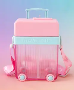 Fab N Funky Kids Straw Water Bottle with Trolley Wheels & Shoulder Strap 450ml - Pink| BPA-Free, Leak-Resistant & Freezer Safe| School Sipper Bottle for Boys & Girls