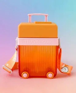 Fab N Funky Kids Straw Water Bottle with Trolley Wheels & Shoulder Strap 450ml - Orange| BPA-Free, Leak-Resistant & Freezer Safe| School Sipper Bottle for Boys & Girls