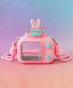 Fab N Funky Kids Straw Water Bottle with Sling Strap 600ml - Pink| BPA-Free, Leak-Resistant & Freezer Safe| School Water Bottle for Boys & Girls